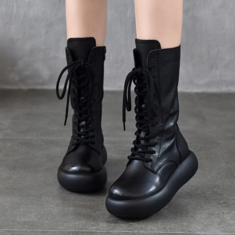 Johnature Genuine Leather Round Toe Thick Soled Mid-calf Boots Retro Lace Up Side Zipper Versatile Women's Boots