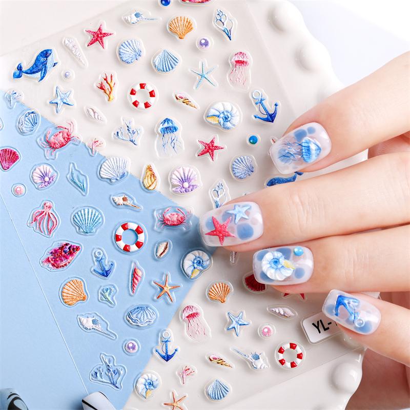 1 Foaie Autocolante Ocean pentru Artă pe Unghii Vară Stea de Mare Meduză Scoică Decal pentru Unghii Decorațiune În Relief Materiale Artă pe Unghii Manichiură Salon