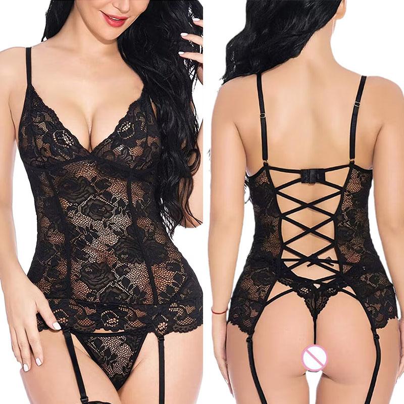 Fashion Sheer Cross-Tie Bodysuit Woman Sexy Lingerie Erotic Leopard Print Short Dress Lace Underwear Backbare Bodysuit Sexy Set