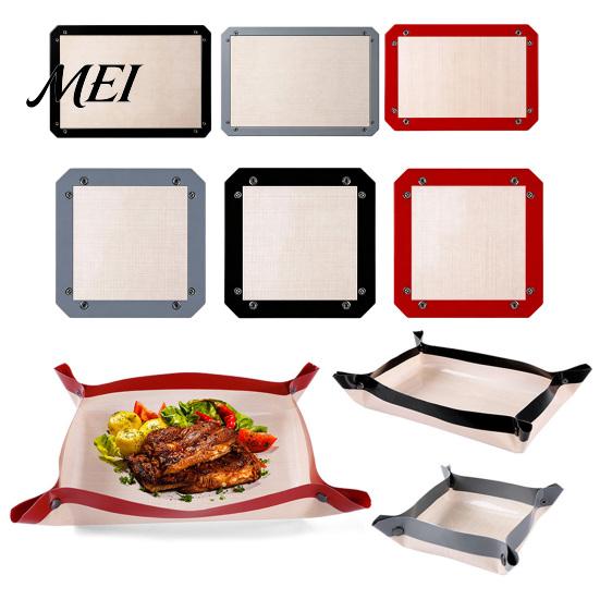 Foldable Baking Tray Silicone Fiber Mat with Button, Non-Stick Oven Safe Rectangle Easy Clean Accessories Tray, Leakproof Heat Reistant Snap