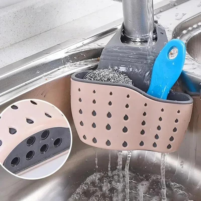 Home Storage Cestello di scarico Supporto per lavello da cucina Mensola per sapone e spugna regolabile Cestello di scarico appeso Borsa Accessori da cucina