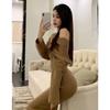 Sweater Skirt Medium and Long Stunning Sexy Off-the-shoulder Knitted Primer Dress Women's New Autumn and Winter
