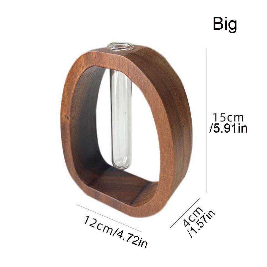 Solid Wood Transparent Glass Hydroponic Flower Vase Made of Walnut  Wood for Household Use, Small Flower Bottle