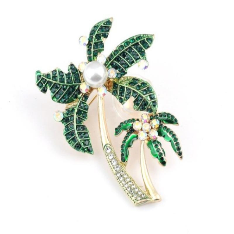 Fashion Green Rhinestone Coconut Tree Brooches For Women Clothing Coat Banquet Party Accessories Gifts