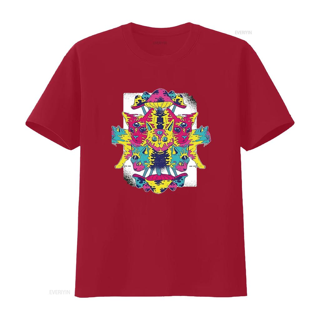 Herren Ideen für Katzenliebhaber Psychedelische Kätzchen und Pilze Design Schwarz Mehrfarbig T-Shirt vintage Gewaschen Dehnbar Stilvoll