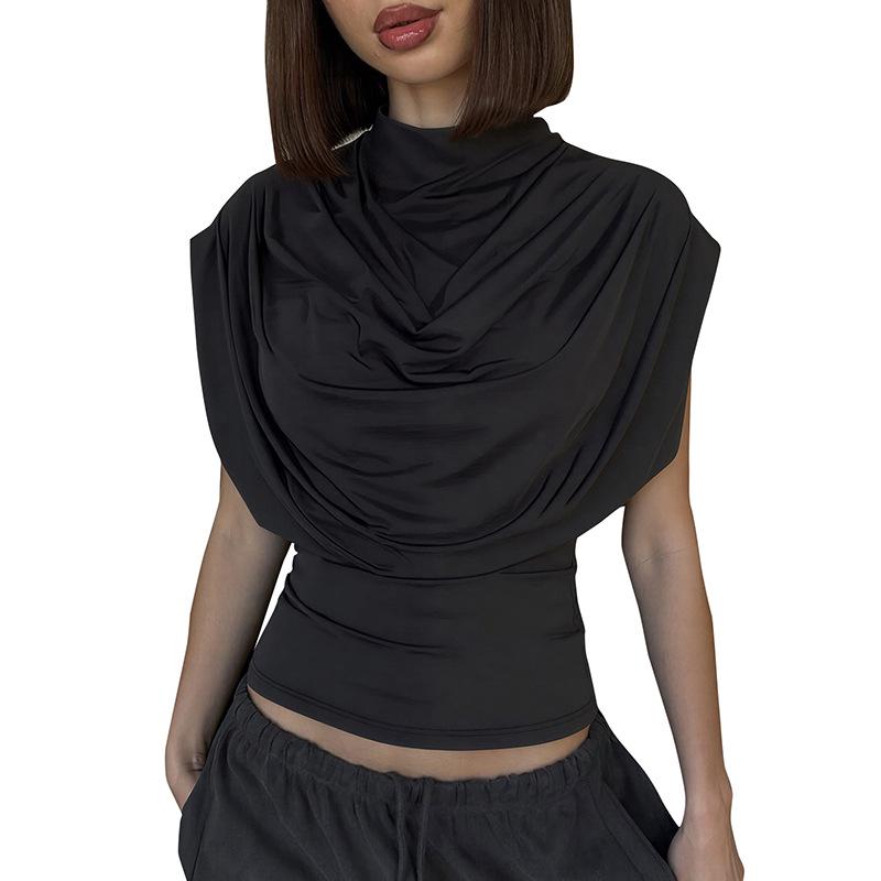 C25TP449 Women's Solid Color Sleeveless Slim Fit High Neck Draped Top