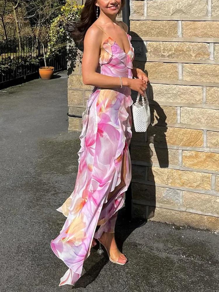 Ladies' Summer Camisole Dress Women Irregular Tassel Print Dress Casual Fashionable Long Skirt
