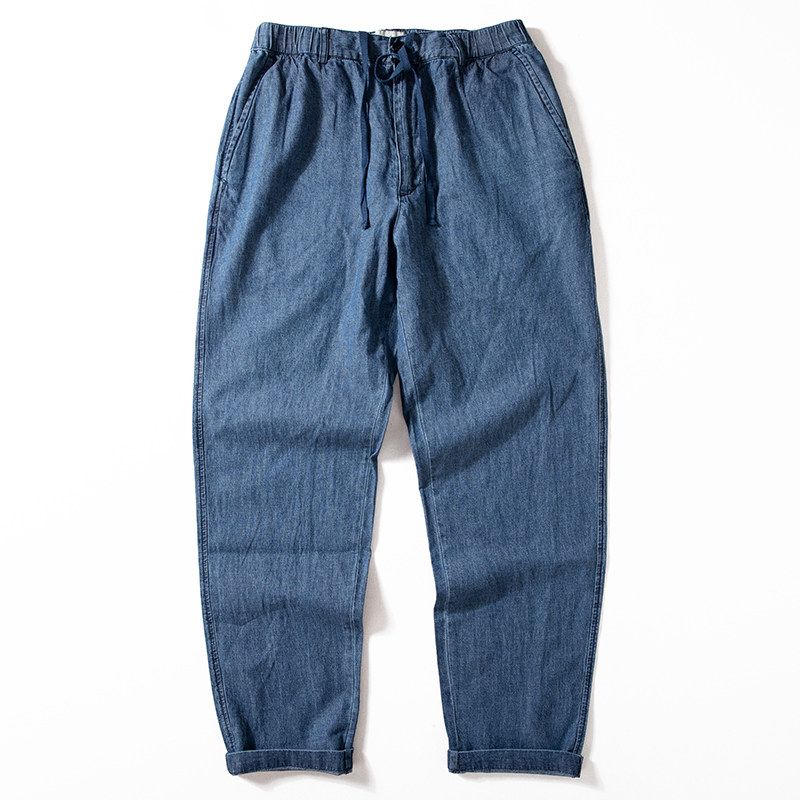 Men s Cotton-Linen Pants, Spring and Autumn Thin Breathable Casual Long Pants, Washed Vintage Versatile Solid Color Linen Denim Pants Dark Blue M