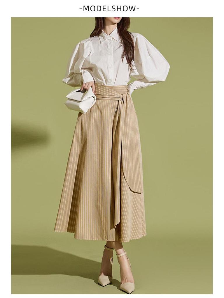 Women's Striped Irregular Midi Skirt, 2025 Spring/Autumn Collection, High Waist Tie A-Line.