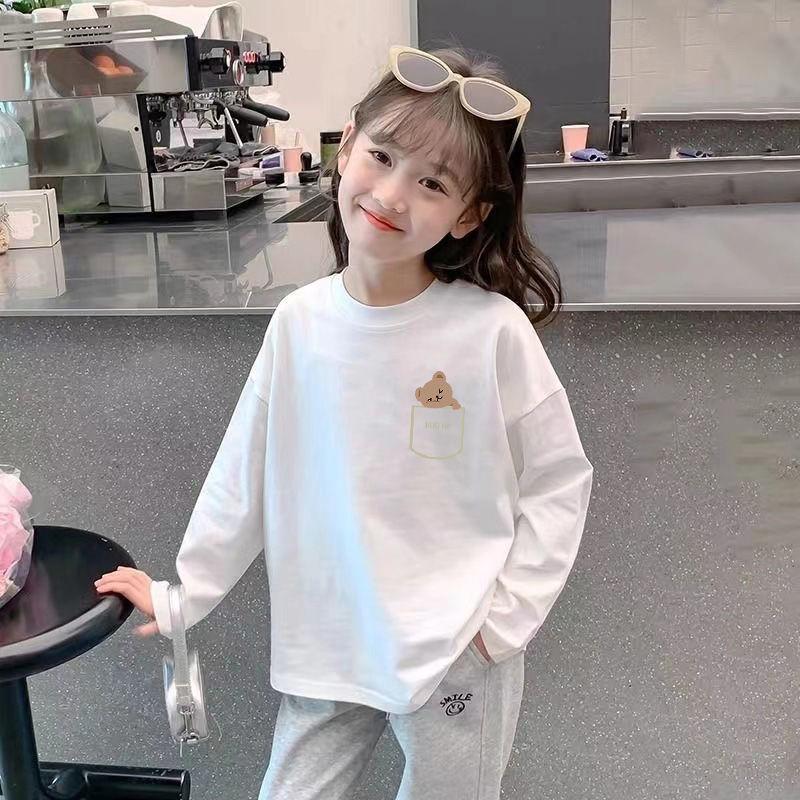 Girl's 100% Cotton Long Sleeve Breathable T-shirt - Stylish 2024 Spring/Autumn Base Layer