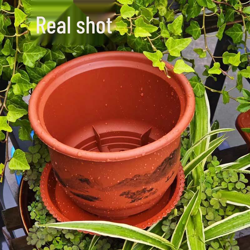 Imitation Ceramic Round Flower Pot, Brick Red Frosted Resin, Realistic Classical Landscape Style