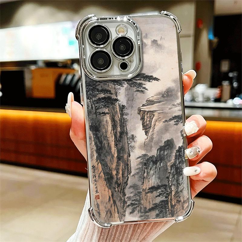 Chinese Style Ink Painting Art Soft Phone Case For iPhone 15 16 17 Air 14 Pro Max 16E Plus 13 12 Mini Plating Anti-Fall Fundas