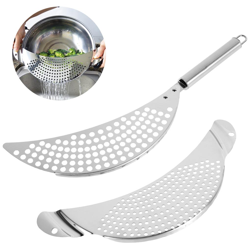 2Pcs Stainless Steel Pot Strainer Heat Resistant Veggies Drainer Multifunctional Food Strainer with Handle Kitchen Gadget