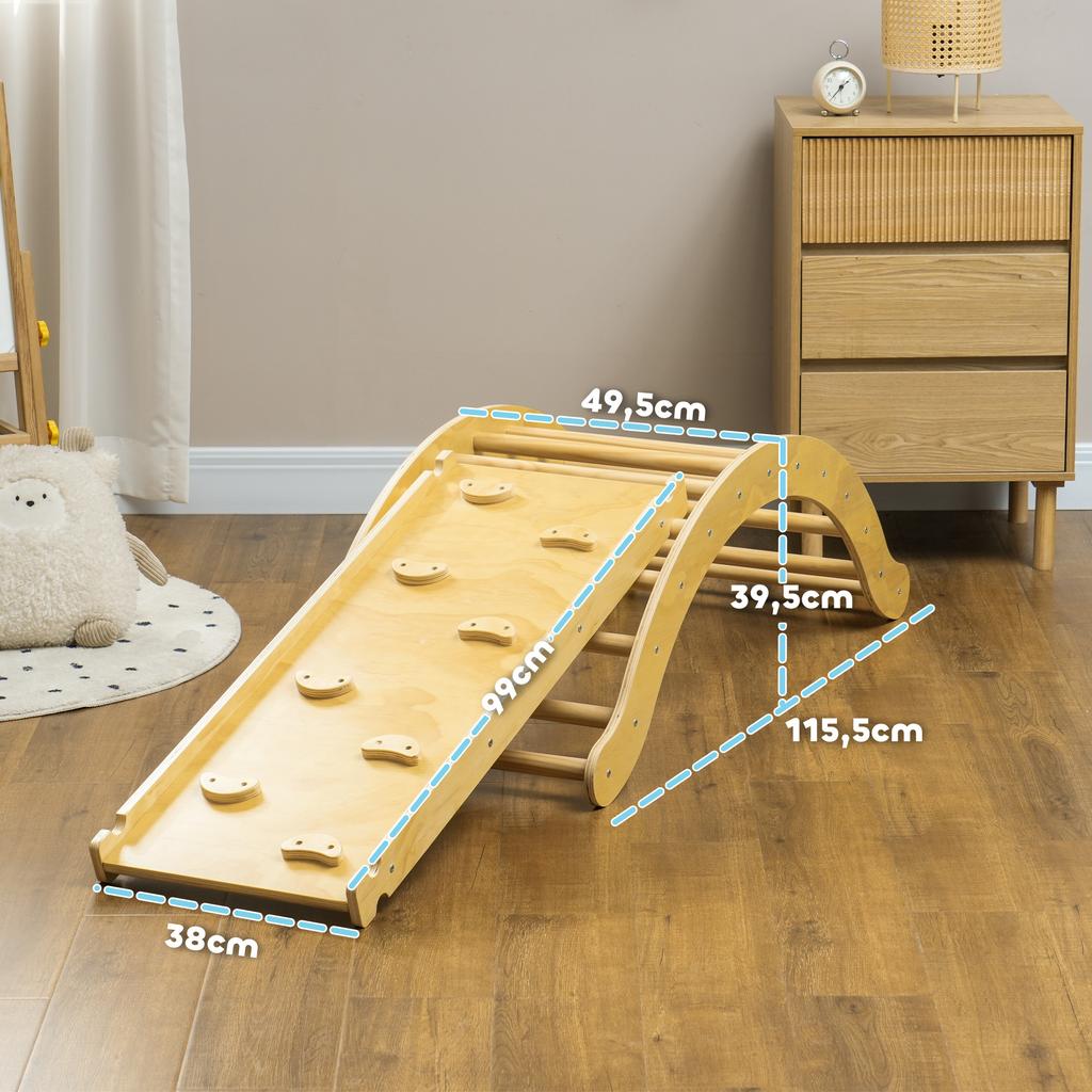 Kids' Climbing Set, 4-in-1 Design with Arch Bridge, Rocking See-Saw, Cushion, Slide Ramp, for Indoor Use, Wood