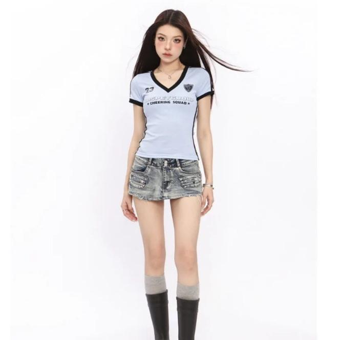 Y2k Harajuku School T-shirty damskie amerykańskie retro vintage streetwear patchworkowe paski litery nadruk wąskie koszulki topy