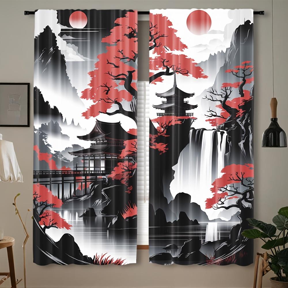 

2PC Japanese Ink Landscape Sheer Curtains – Polyester Pocket Rod Cordless for Bedroom Living Room Kitchen Study 100*130 HOOK 1pcs