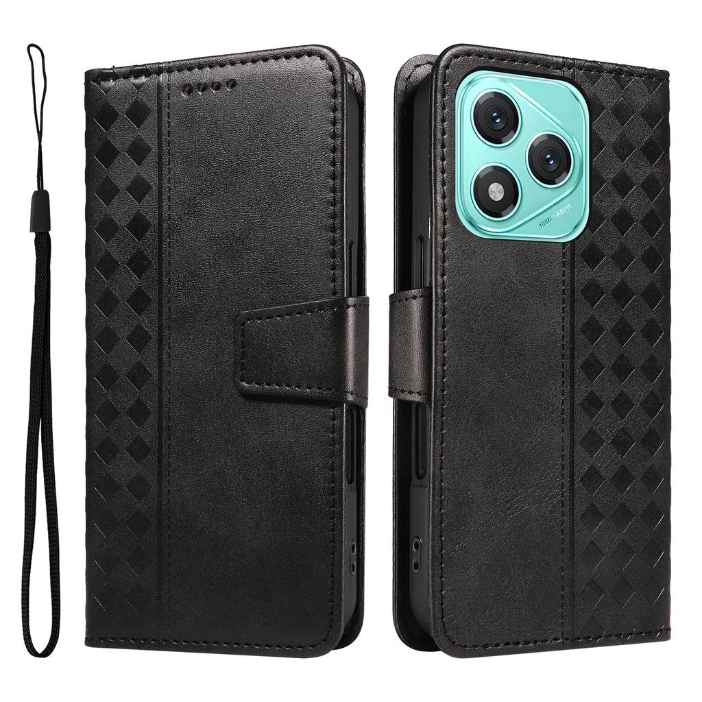 For Honor 400 Lite 5G Leather Case Wallet Stand Grids Imprinted Phone Cover with Strap