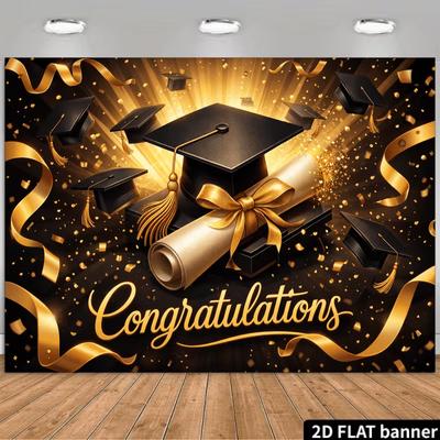 2D Black Gold Graduation Backdrop Congratulations Cap Diploma Background