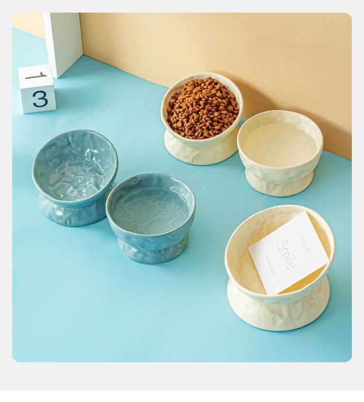 Ceramic Cat & Dog Feeder: Cute, Slanted Double Bowl with High-Leg Design for Neck Protection and Anti-Tip Stability.