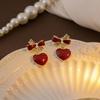 Silver Needle Red Heart Pearl Drip Stud Earrings: French Retro Vintage Ear Cuffs for Autumn and Winter.