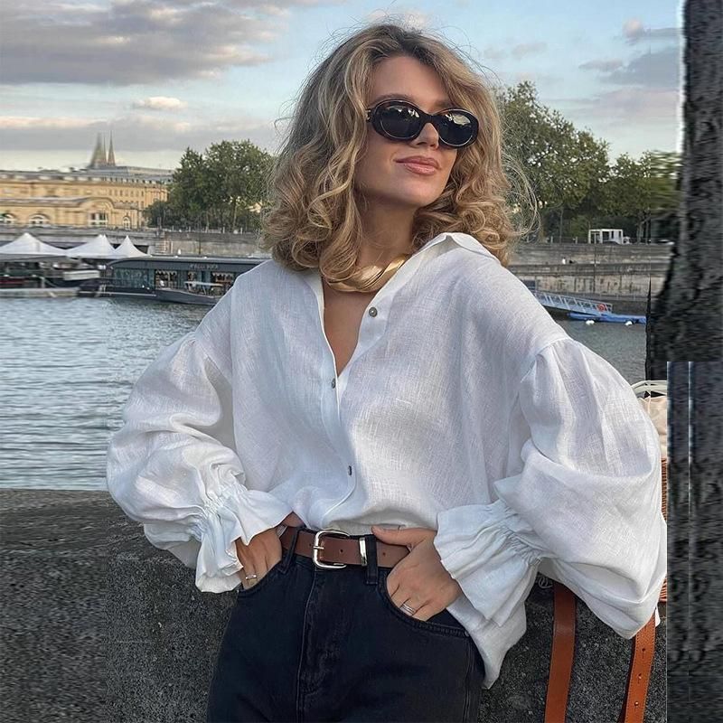 French style Loose Casual Lapel Lantern Sleeve Long sleeve White Simple Shirts Top Women's Shirt Top