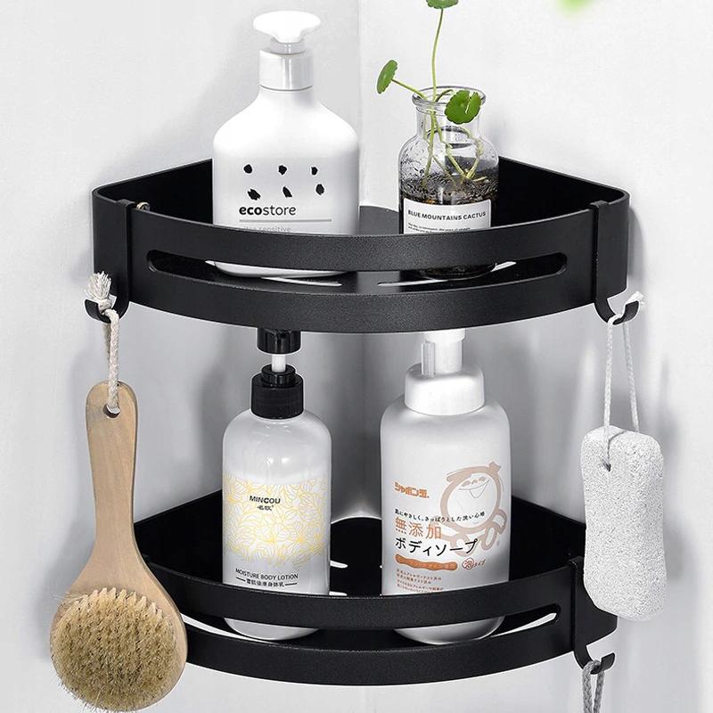 Metal corner bathroom shelf loft + shower hangers for cosmetics