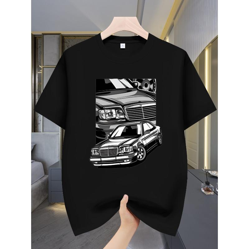 European Sizes Men'S Casual Short Sleeve T-Shirt | Breathable Crew Neck, Regular Fit, Vintage Car Print, Machine Washable, Ideal for Summer