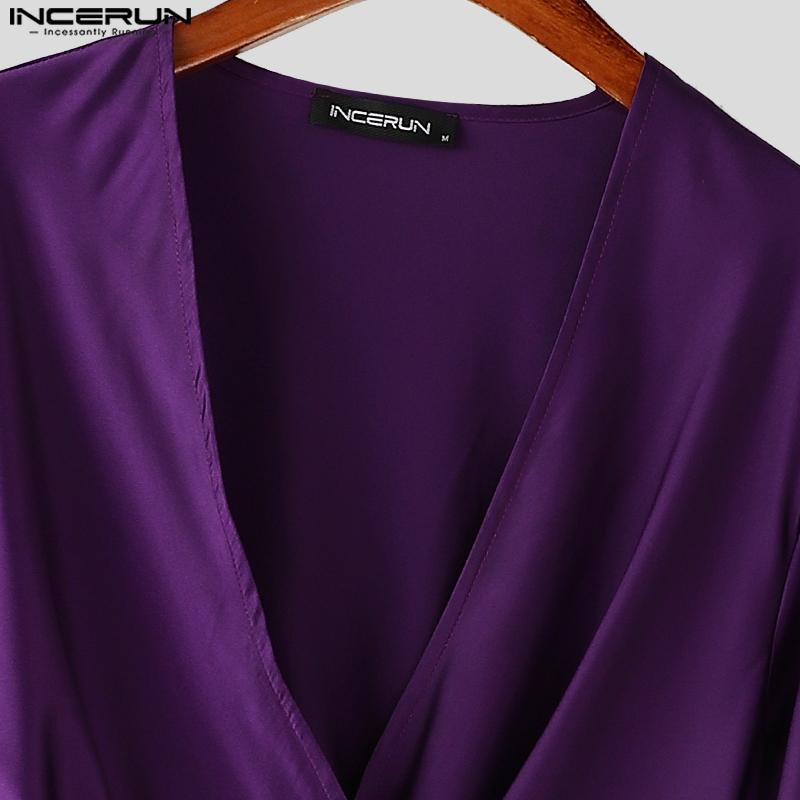 INCERUN Herren Deep V-Ausschnitt Vorne gekreuzt Einfarbig Bandage 70er Jahre Retro Tops Partyhemden