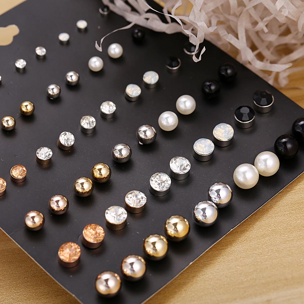 30Pairs Simple Fashion Pearl Bead Diamante Crystal Earrings Ear Stud Set