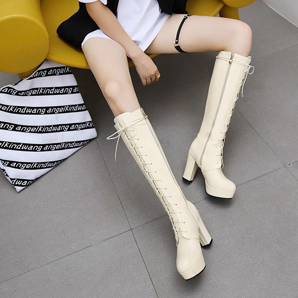 Fashion 2025 Patent Leather White Lacing Knee High Boots Lace Up Ladies Platform Boots High Heels Fashion Nightclub Patry Shoes Wholesal