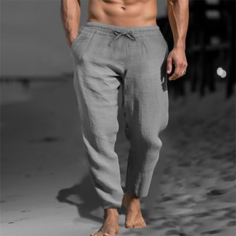 European and American New Men's Solid Color Drawstring Cotton and Linen Loose Casual Beach Casual Pants