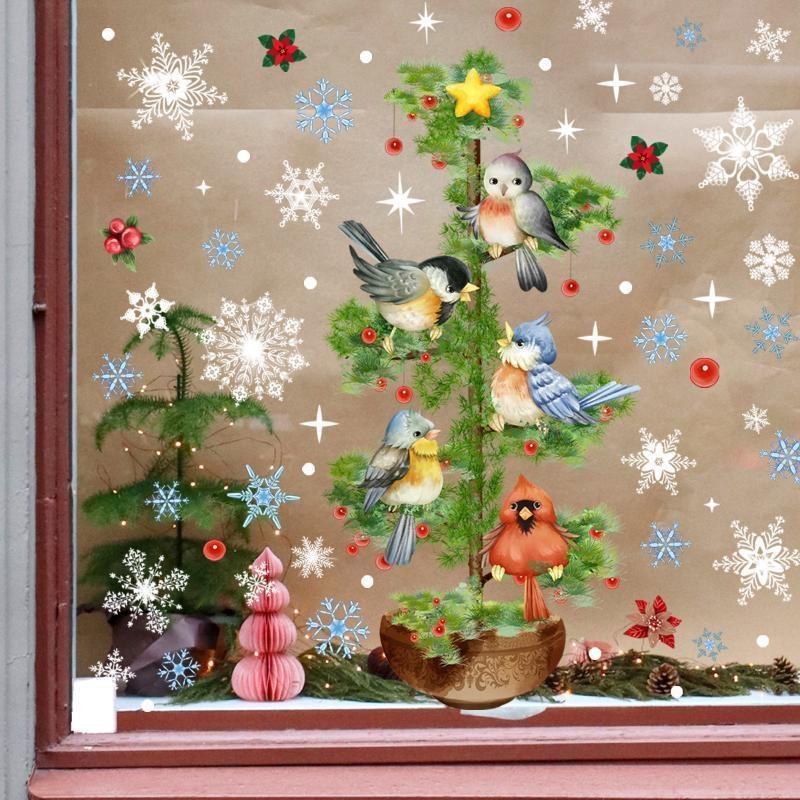 Snowflake Wall Sticker Christmas Tree Bird Christmas Wall Sticker Static Glass Sticker Window Sticker Home Decoration Wall Sticker
