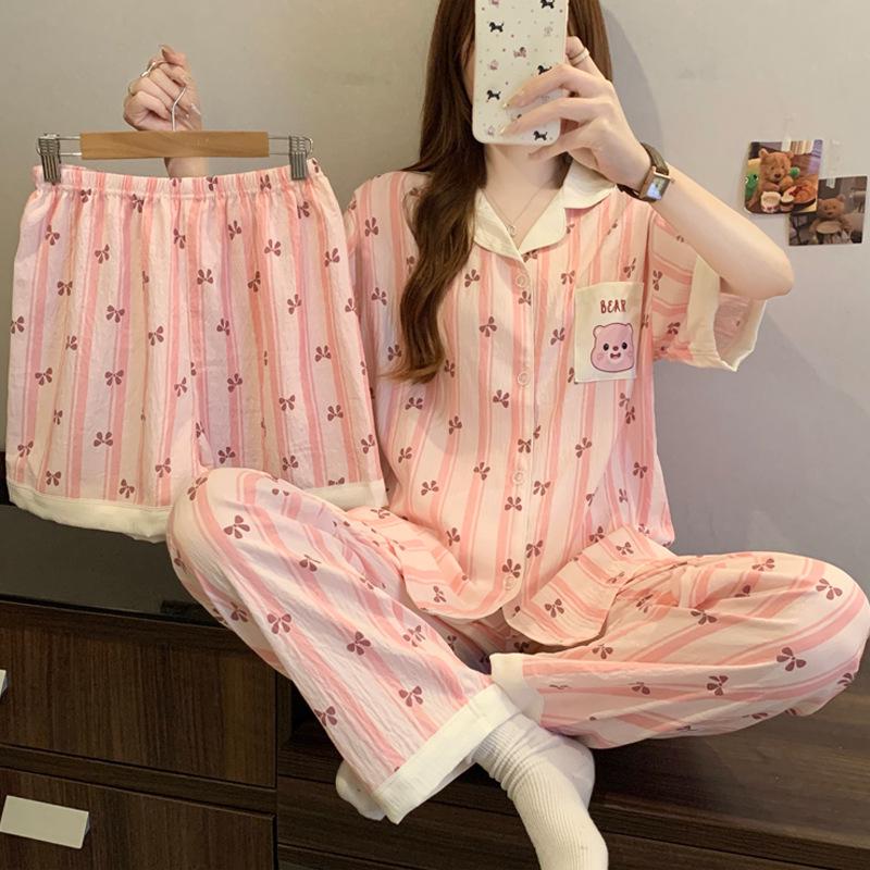 Leopard Print Love Heart Short Sleeve Pajama Set: Women's Summer Cloud Cotton Three-Piece Loungewear