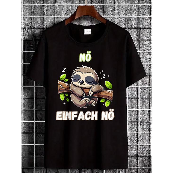 Black T-Shirt With Sloth Sleeping On Branch And Text No Einfach No Casual Wear, Crew Neck, Regular Fit, Short Sleeve, Medium Stretch Fabric, Perfect