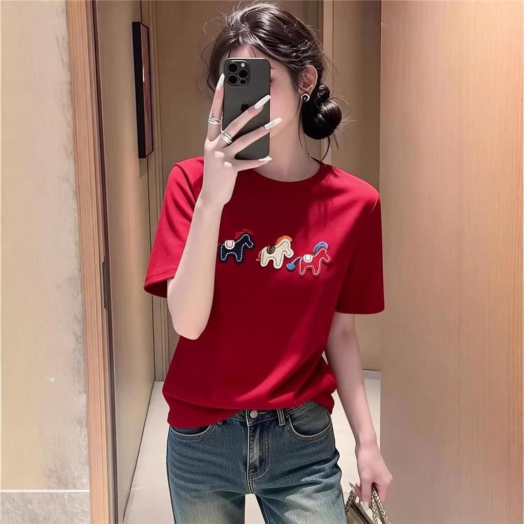 2026 New Year Early Spring Women's Faux Cashmere Loose Fit T-shirt with Horse Embroidery