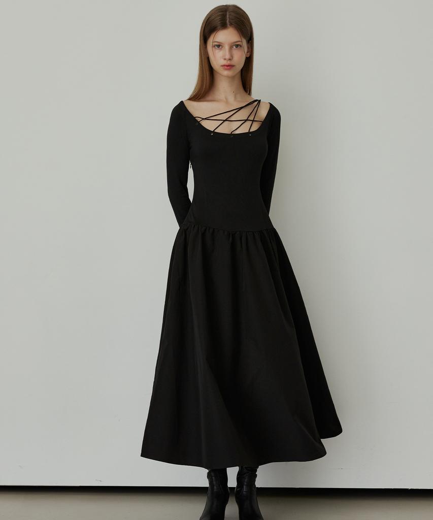 Hypernet String Waist Stitch Long Dress - Black