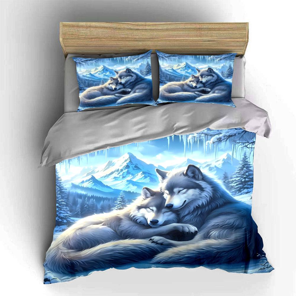 Peaceful wolves in snowy winter Print Soft Comfortable Duvet Cover Bedding Set Included 1*Duvet Cover 2*Pillowcases