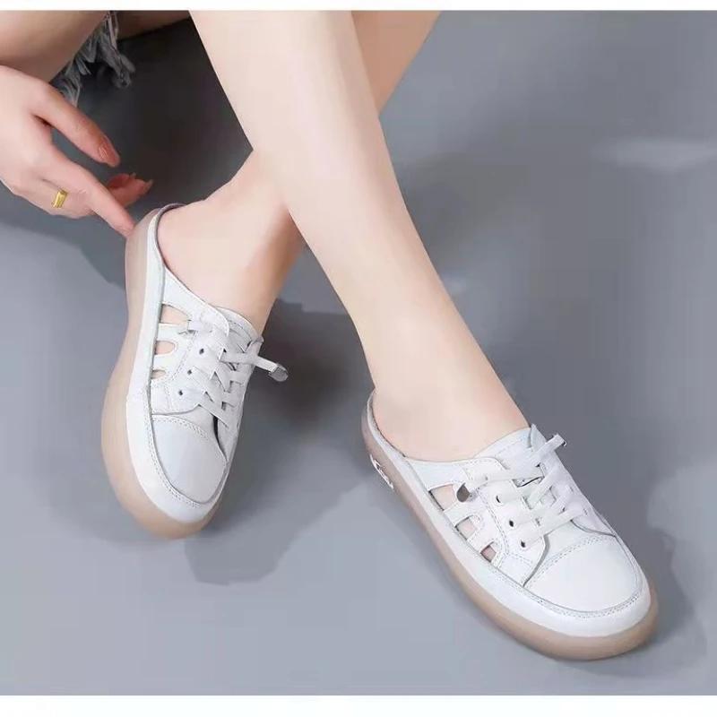 New Women's Shoes Soft Breathable Sandals Hollow White Women Casual Flat Outdoor Light Plus Size Half Slippers Women Sneakers
