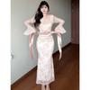 Elegant Sexy V-neck Lace Dress with Bell Sleeves - Autumn/Winter Waist-Cinching Long Style