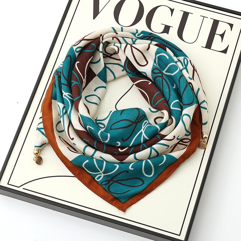 Women's 65" Silk Square Scarf with Magnetic Buckle – Autumn/Winter Print, Fashionable & Versatile Triangle Snood