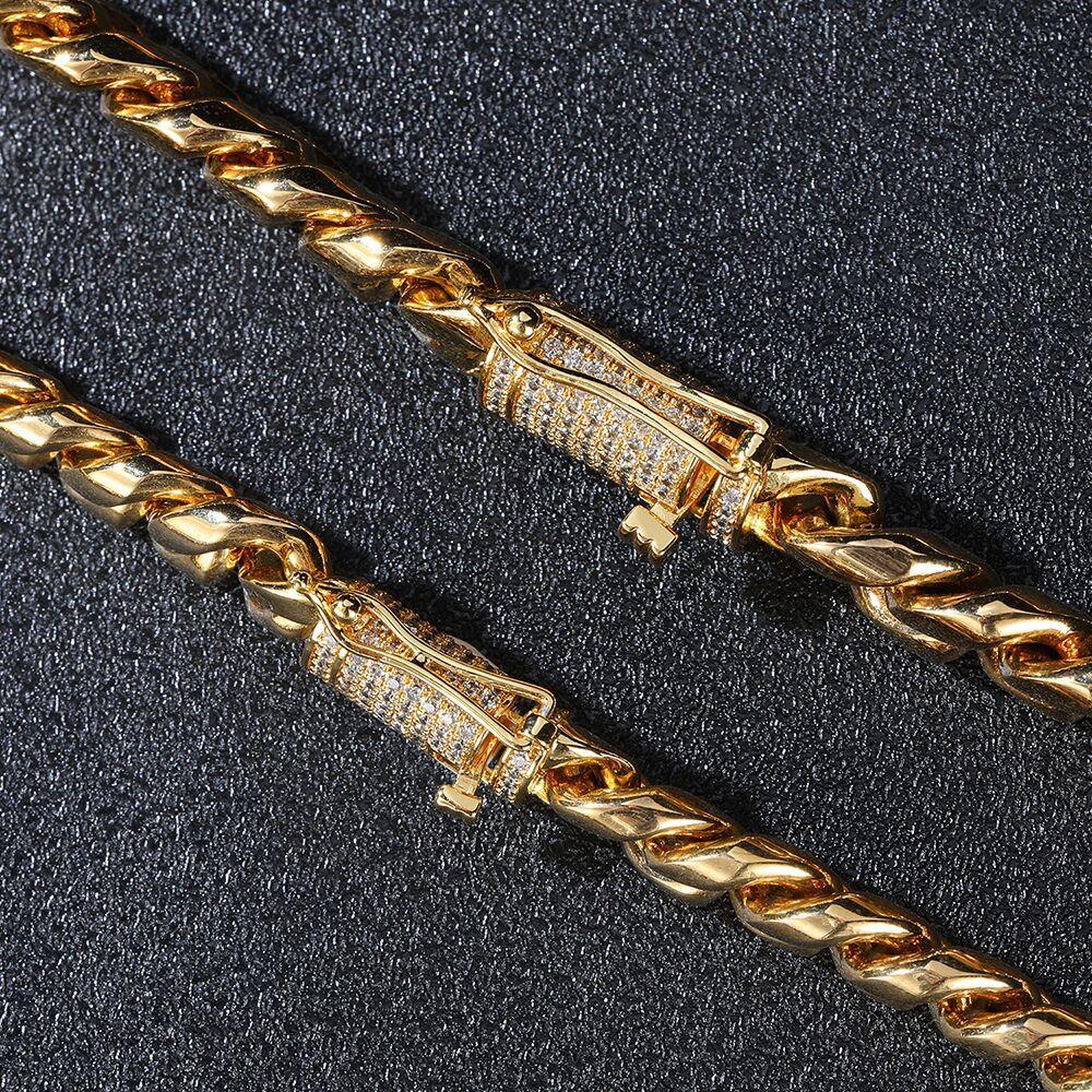 18K Gold Plated Men's Stainless Steel Zircon Hip Hop Style Miami Curb Cuban Link Chain Diamond Encrusted for Boy Man