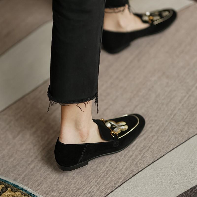 Fashion Women Shoes Flat Shoes Loafers Comfortable Work Flats Shoe Loafers Female New 2024 Spring Autumn Pearl Embroidered Bee