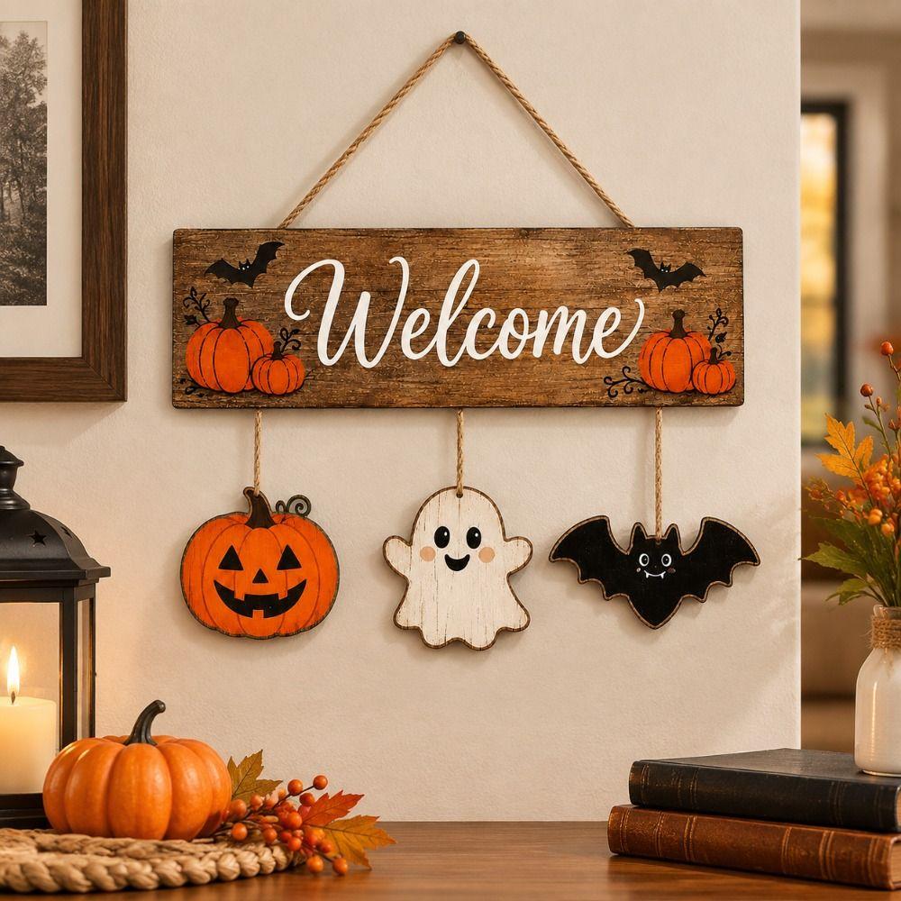 2D Plochá Dýně Duch Netopýr Dřevěná Deska Vintage Halloweenská Nástěnná Dveřní Závěsná Halloweenská Párty