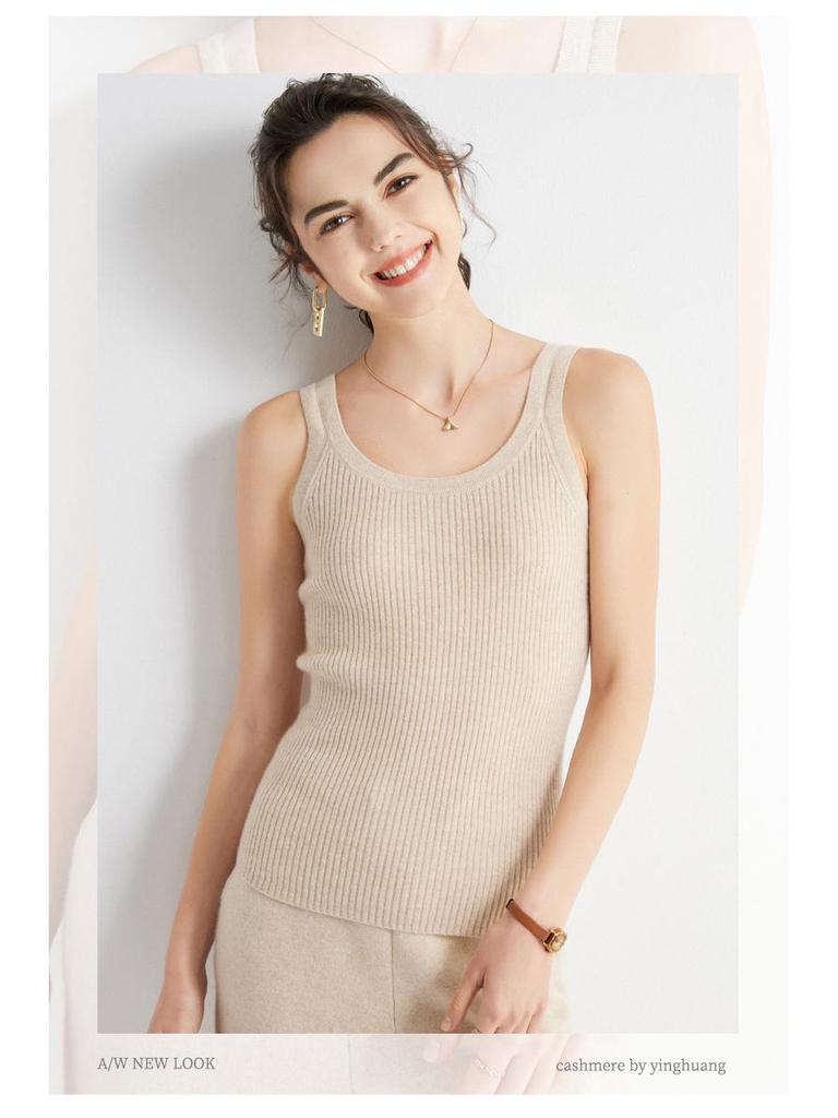 100% Pure Cashmere Striped Round Neck Slim Fit Women's Winter Vest