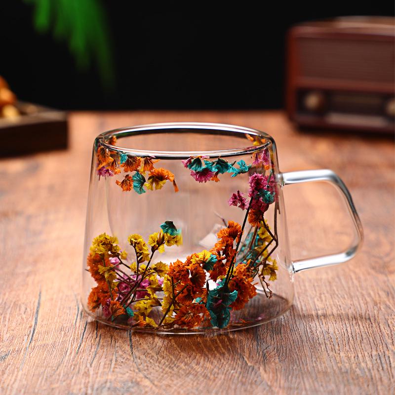 

High-Quality Creative Petal Quicksand Glass Cup with Real Dried Flowers and Double Layered Borosilicate for Coffee 200ML Bubble Bag