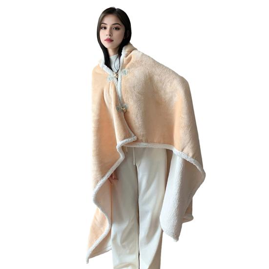 Cape Blanket Plush Hooded Cape with Button Fastening Double-Sided Warmth White Trim Blanket Cape Office Nap Comfort Throw Blanket