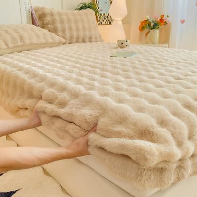 Solid Color Rabbit Like Plush Bed Sheet, 30cm Deep Pocket Design,Fully Wrapped Anti Slip Mattress Protective Cover,Thick and Warm In Autumn and Winter