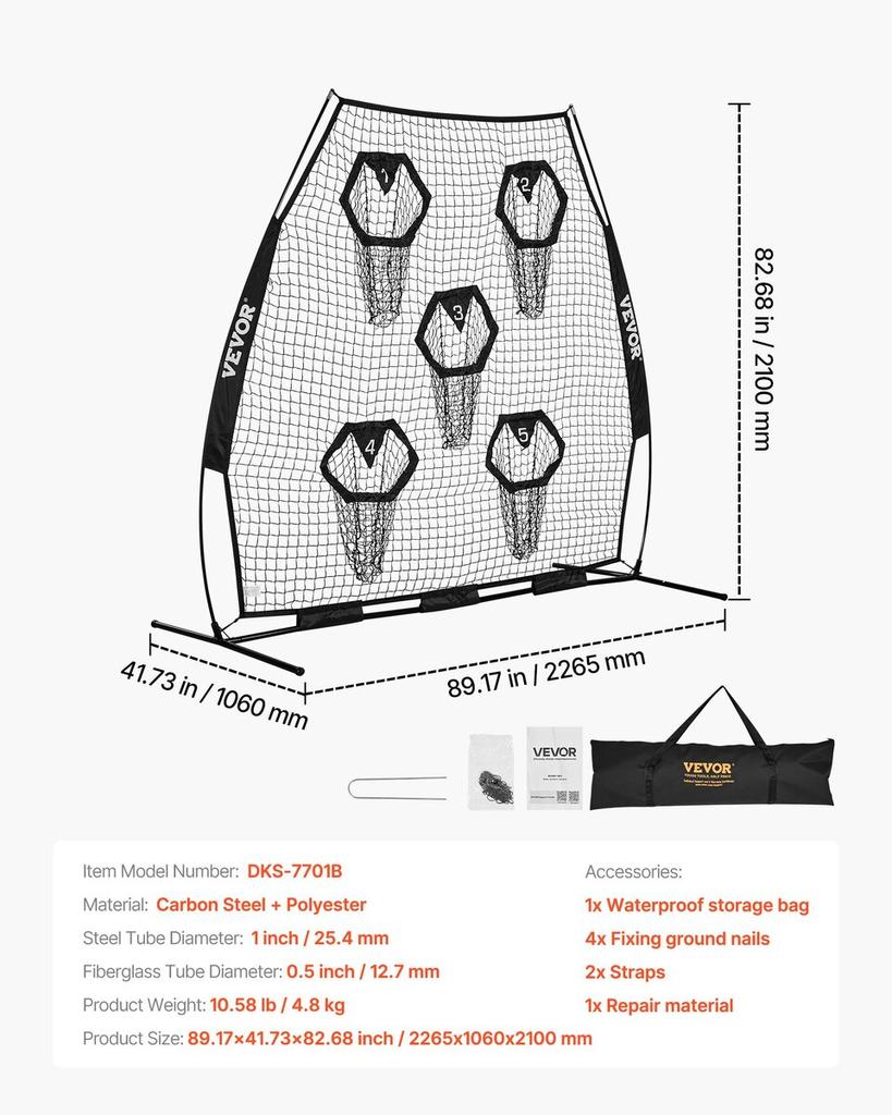 2133.6 x 2133.6mm Football Trainer Throwing Net, Training Throwing Target Practice Net with 5 Target Pockets, Knotless Net Includes Straps and