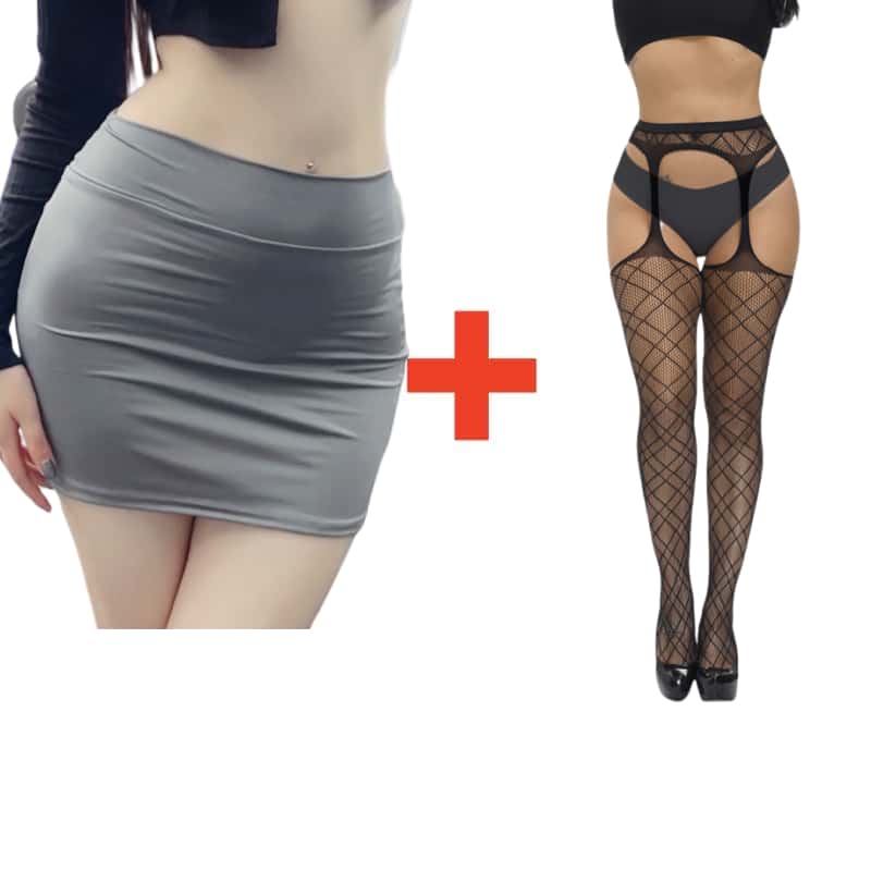 2PCS/SET Women High Waist Pencil Mini Skirts+Stockings Dress Set,Sexy Casual Wrap Hips Black Short Skirt and Pantyhose