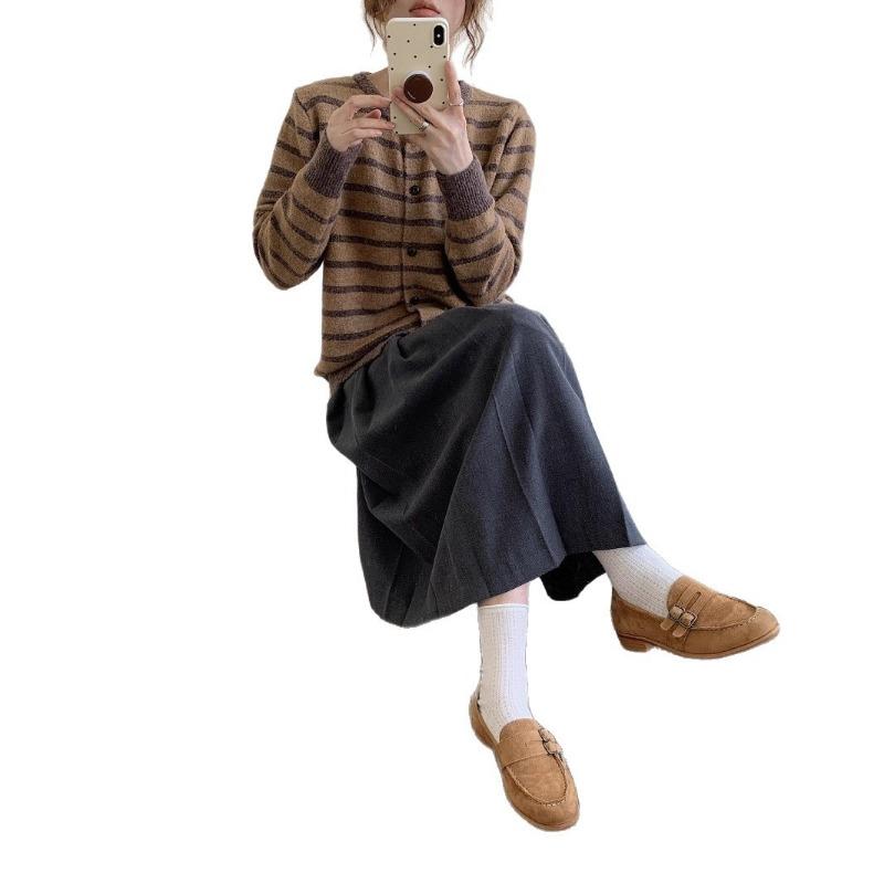 New round neck simple striped design single-breasted long-sleeved loose cardigan women's basic cardigan